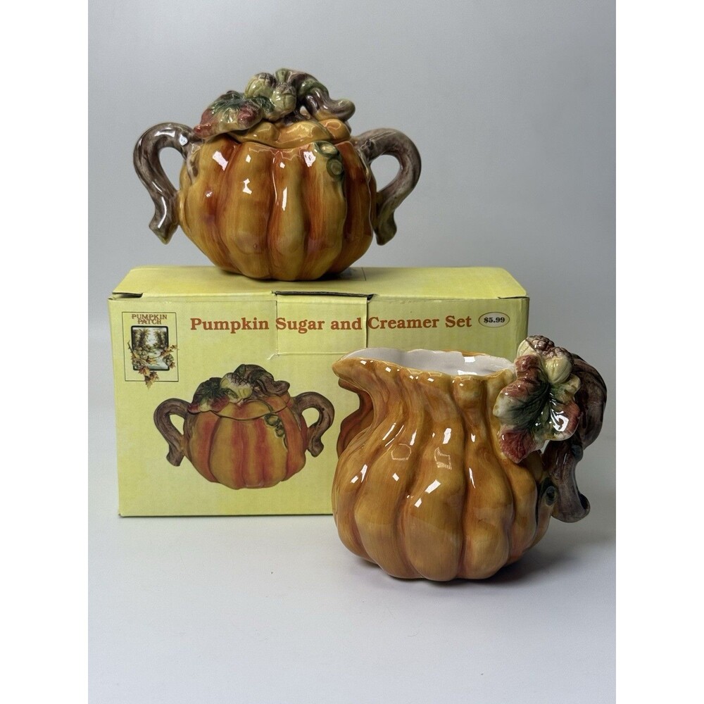 Vintage Ceramic Pumpkin Patch Sugar Bowl Creamer Set Fall Harvest 1990s